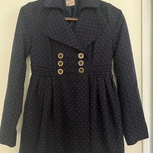 Tulle Anthropologie Navy Double-Breasted Fit & Flare Coat w/ Red Polka Dots